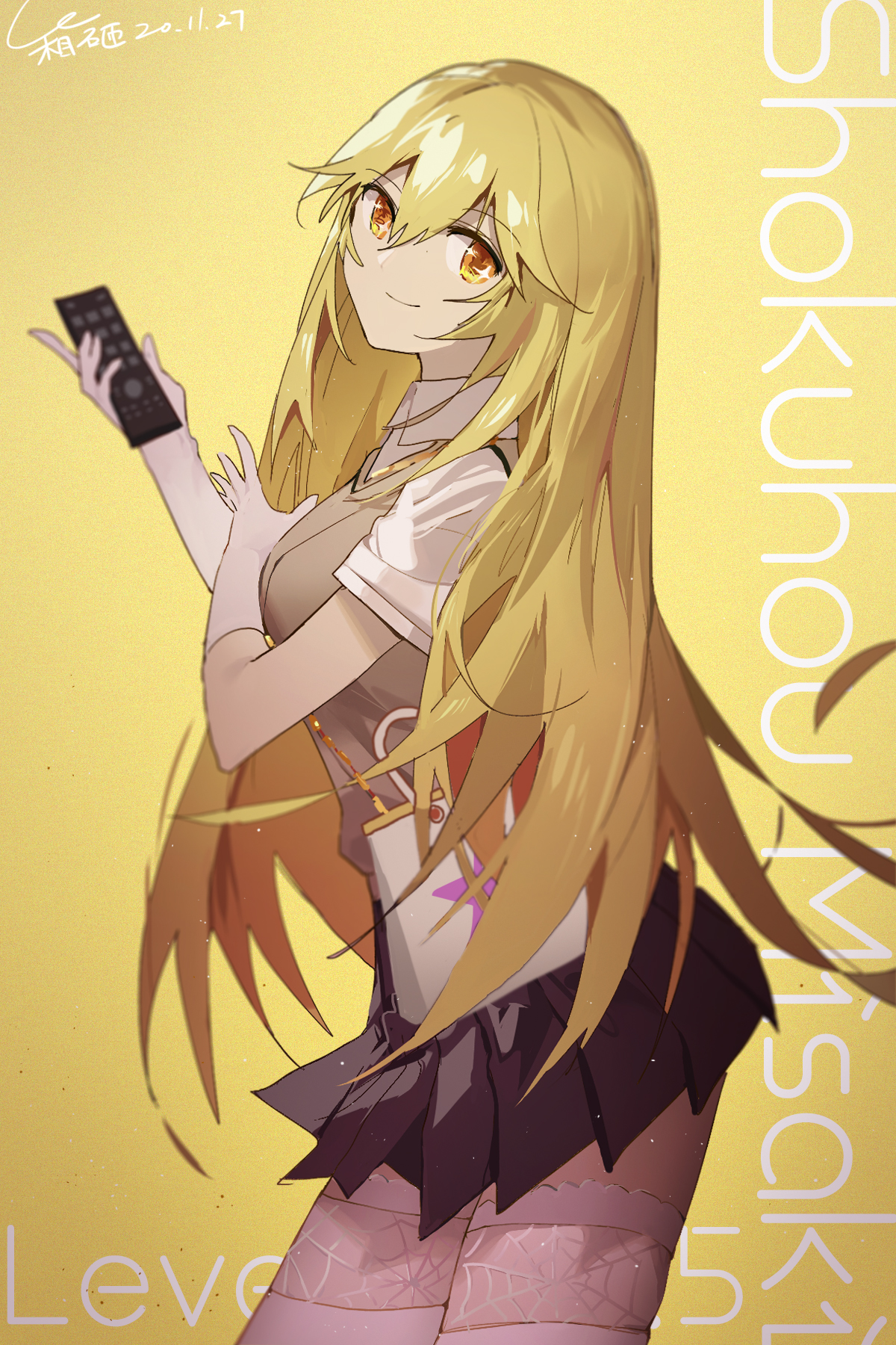 +_+ 1girl bag blonde_hair breasts controller gloves hako_(misheyes) handbag highres large_breasts long_hair remote_control school_uniform shokuhou_misaki skirt solo sweater_vest symbol-shaped_pupils thighhighs toaru_kagaku_no_railgun toaru_majutsu_no_index tokiwadai_school_uniform very_long_hair white_gloves white_thighhighs yellow_eyes