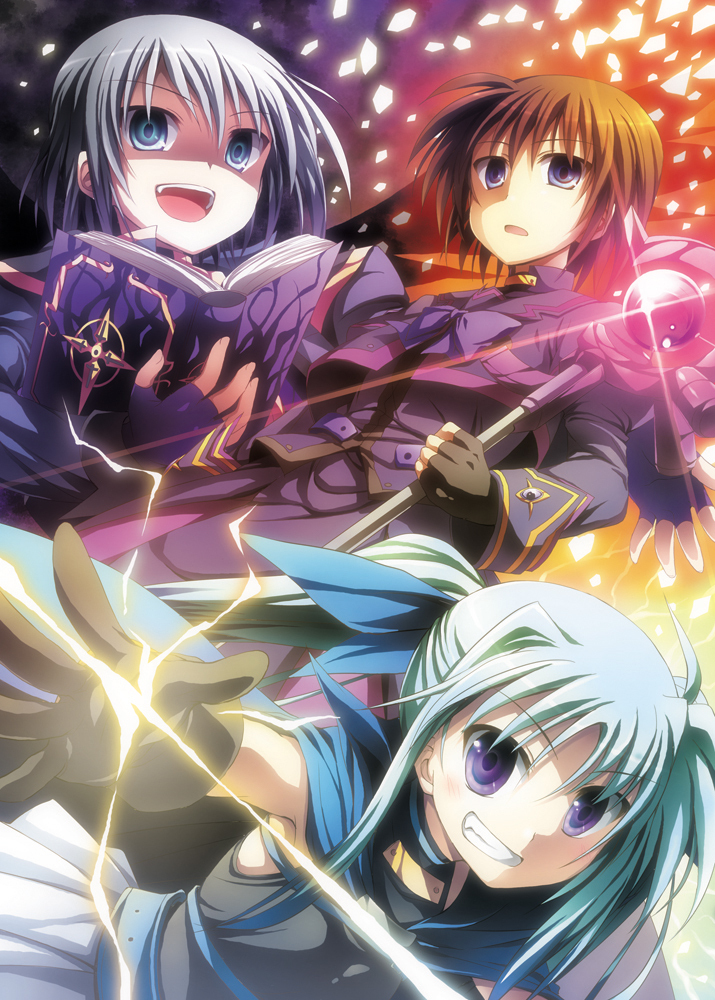 3girls aqua_hair belt_bra blue_eyes book brown_hair fingerless_gloves gloves hair_ribbon kusakami_akira long_hair luciferion lyrical_nanoha mahou_shoujo_lyrical_nanoha mahou_shoujo_lyrical_nanoha_a&#039;s mahou_shoujo_lyrical_nanoha_a&#039;s_portable:_the_battle_of_aces lord_dearche levi_the_slasher stern_the_destructor multiple_girls purple_eyes ribbon short_hair silver_hair staff tome_of_the_purple_sky twintails yersiniakreuz