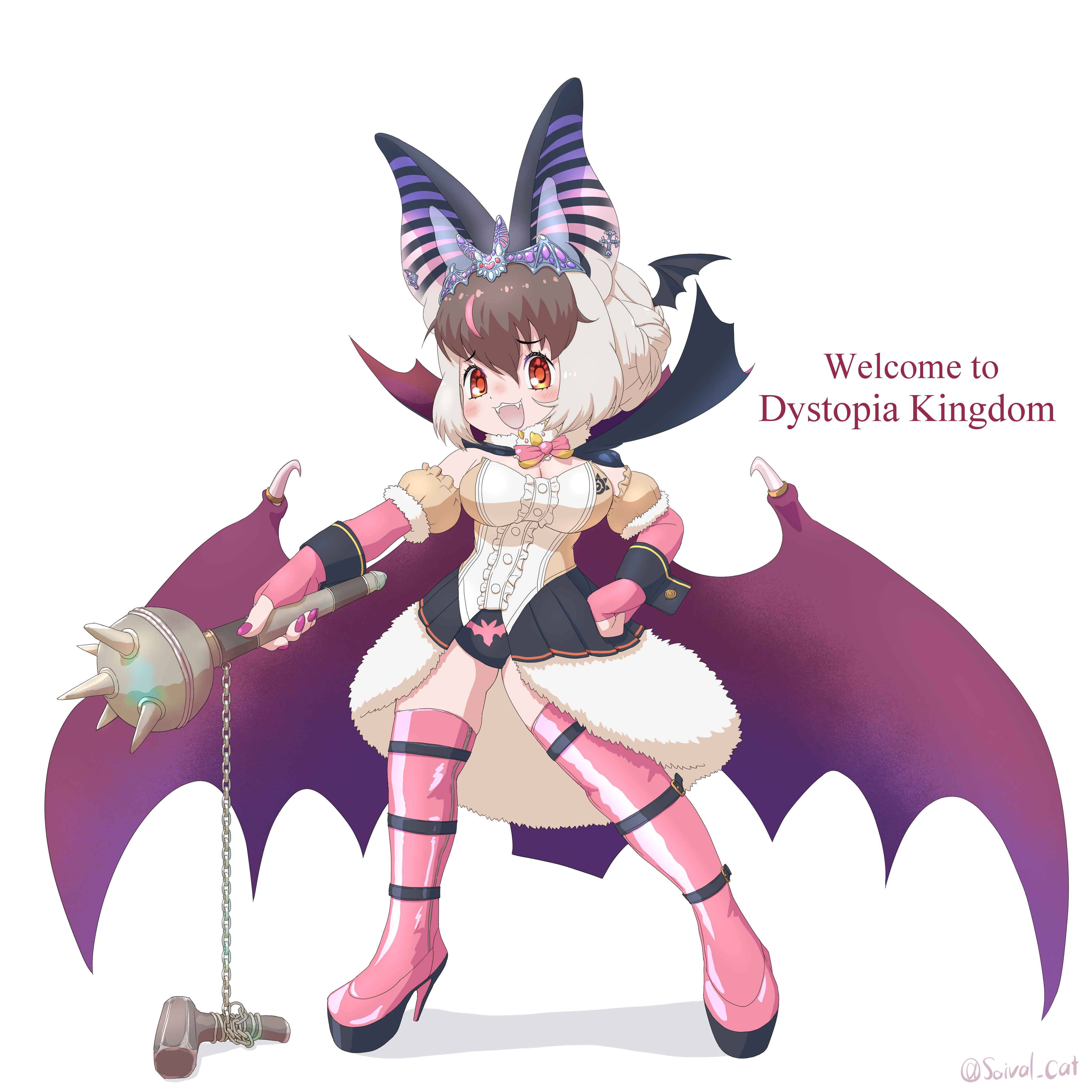 1girl absurdres animal_ears bat_ears bat_girl bat_wings brown_eyes brown_hair brown_long-eared_bat_(kemono_friends) crown elbow_gloves extra_ears fingerless_gloves full_body gloves grey_hair high_heels highres kemono_friends kemono_friends_v_project leotard long_hair looking_at_viewer microphone multicolored_hair nail_polish saival_cat simple_background skirt solo streaked_hair thighhighs virtual_youtuber weapon wings