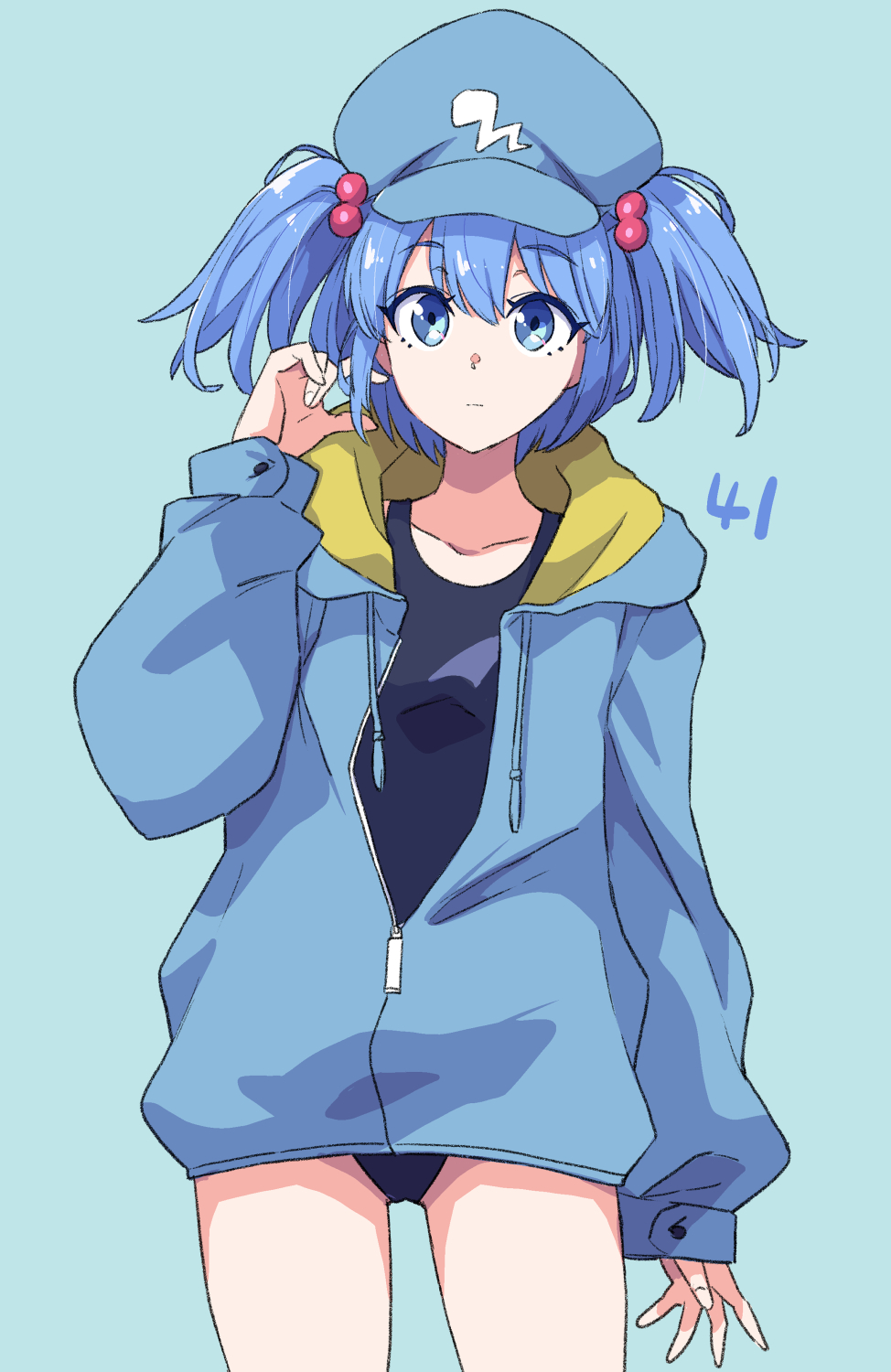 1girl blue_eyes blue_hair cowboy_shot expressionless highres jack_(wkm74959) jacket kawashiro_nitori looking_at_viewer simple_background sleeves_past_wrists solo touhou