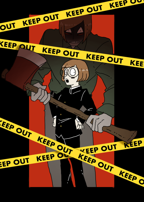 2boys aged_down akaiti axe axe_luther brown_hair caution_tape dream_luther dual_persona gakuran glasses green_shirt hands_on_own_hips holding holding_axe keep_out looking_at_viewer luther_von_ivory male_focus multiple_boys randal&#039;s_friends round_eyewear school_uniform shaded_face shirt short_hair standing