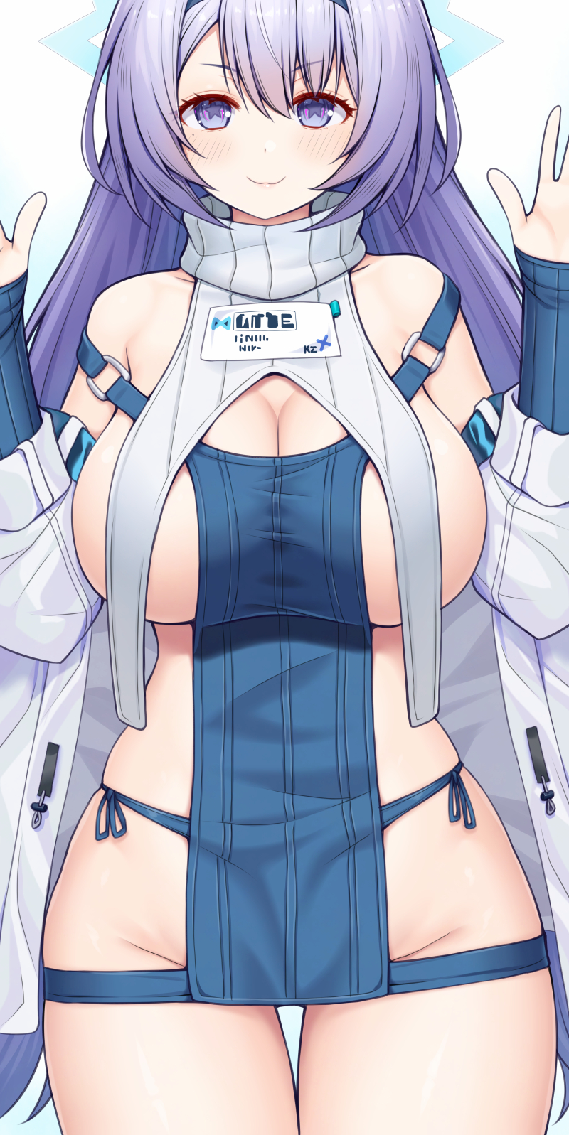 1girl asamura_hiori azur_lane bare_shoulders blue_sleeves breasts cleavage closed_mouth coat collarbone commentary_request cowboy_shot detached_sleeves groin hair_between_eyes hairband hands_up highres large_breasts long_hair looking_at_viewer mole mole_under_eye off_shoulder purple_eyes purple_hair purple_hairband revealing_clothes santa_fe_(azur_lane) sidelocks sleeves_past_wrists smile solo standing star-shaped_pupils star_(symbol) symbol-shaped_pupils thigh_gap turtleneck white_coat
