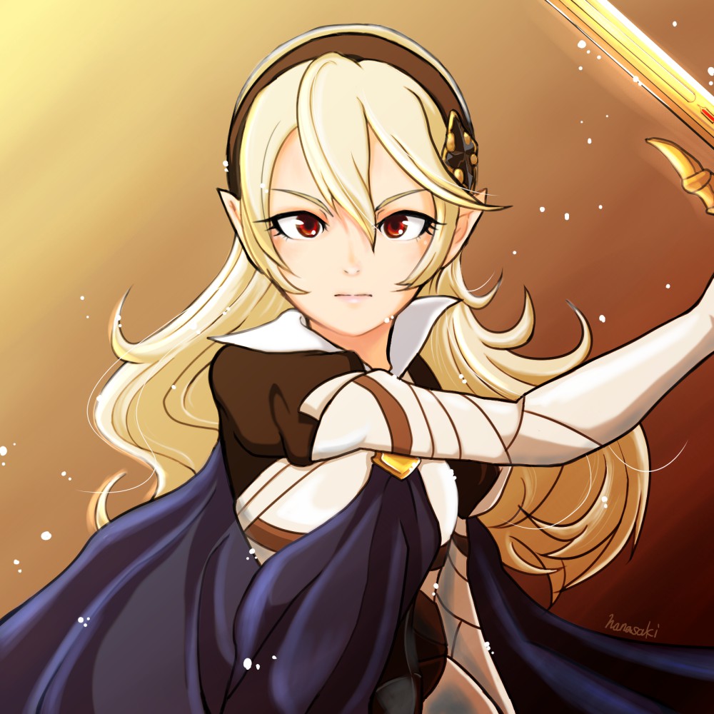 1girl black_hairband blue_cape cape cosplay female_corrin_(fire_emblem) female_corrin_(fire_emblem)_(cosplay) fire_emblem fire_emblem_fates grey_hair hair_between_eyes hairband hana-saki long_hair looking_at_viewer nintendo pointy_ears red_eyes solo yato_(fire_emblem)