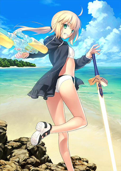 1girl ahoge artoria_pendragon_(fate) artoria_pendragon_(swimsuit_archer)_(fate) artoria_pendragon_(swimsuit_archer)_(second_ascension)_(fate) ass bare_legs beach bikini bikini_under_clothes black_jacket black_sandals blonde_hair blue_sky blush breasts cloud excalibur_(fate/stay_night) fate/grand_order fate_(series) foot_out_of_frame glowing glowing_sword glowing_weapon green_eyes grin hair_between_eyes hair_tie hand_on_hilt holding holding_water_gun horizon jacket kneepits leg_up long_hair long_sleeves looking_at_viewer looking_back low_ponytail ocean official_art open_clothes open_jacket outdoors planted planted_sword planted_weapon ponytail sand sandals sidelocks sky smile solo standing standing_on_one_leg swimsuit sword takeuchi_takashi teeth third-party_source twisted_torso two-tone_sandals unzipped variant_set water_gun weapon white_bikini white_sandals zipper