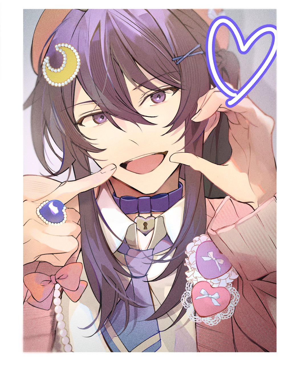 1boy :d alternate_costume beret bishounen blurry border bow cardigan casual choker crescent crescent_hair_ornament depth_of_field double-parted_bangs drawn_heart ensemble_stars! grey_background hair_between_eyes hair_ornament hairpin hat hat_bow heart heart_hands heart_hands_duo heart_ring highres jewelry kanzaki_souma kaoso lace locket long_sleeves looking_at_viewer male_focus necktie open_mouth pendant pink_bow pink_cardigan pink_hat pointing pointing_at_self ponytail purikura purple_choker purple_eyes purple_hair purple_necktie shadow sidelocks smile solo teeth upper_teeth_only white_background white_border x_hair_ornament