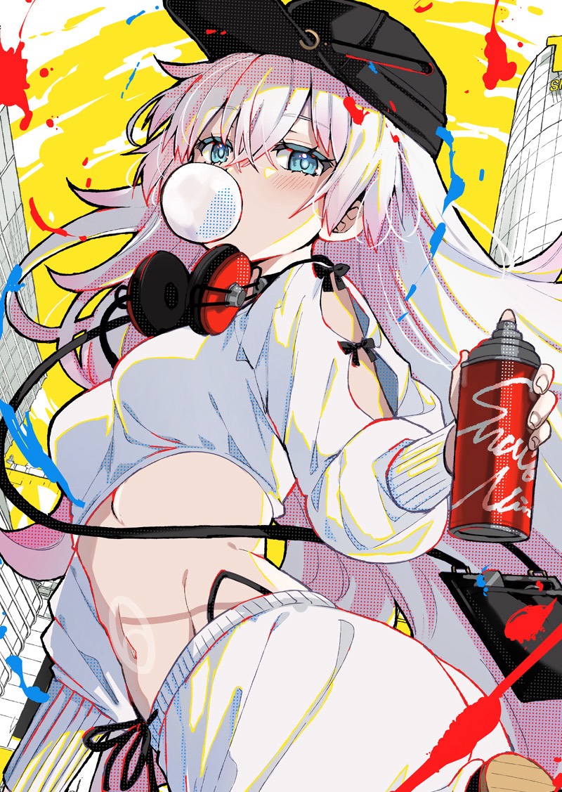 1girl ass bag baseball_cap black_hat black_panties blowing_bubbles blue_eyes building can chewing_gum commentary_request crop_top cybill_(snack_nili) groin hair_between_eyes handbag hat headphones headphones_around_neck highleg highleg_panties holding holding_can long_hair long_sleeves looking_at_viewer midriff natsume_eri navel outdoors panties pants puffy_long_sleeves puffy_sleeves shirt shoulder_bag snack_nili solo spray_can twisted_torso underwear very_long_hair virtual_youtuber white_hair white_pants white_shirt