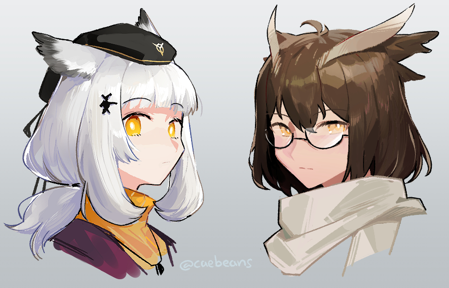2girls antenna_hair arknights beret black_headwear brown_hair caebeans commentary grey_background hair_ornament hat jacket looking_at_viewer low_twintails medium_hair multiple_girls official_alternate_costume orange_sweater owl_ears portrait ptilopsis_(arknights) ptilopsis_(serenity)_(arknights) purple_jacket semi-rimless_eyewear silence_(arknights) simple_background sweater twintails twitter_username under-rim_eyewear white_hair yellow_eyes