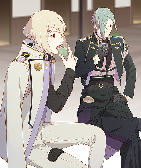 2boys black_gloves black_hakama black_jacket black_shirt blonde_hair brothers cup eating egg gloves green_hair hakama hakama_pants higekiri_(touken_ranbu) hizamaru_(touken_ranbu) holding holding_cup jacket japanese_clothes leuco male_focus military_jacket multiple_boys open_mouth orange_eyes pants shirt siblings sitting touken_ranbu white_jacket white_pants