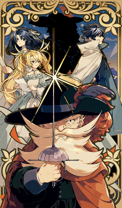 1girl 4boys beard black_hair black_hat blonde_hair blue_dress blue_eyes border bradamante_(fate) cape charlemagne_(fate) charlemagne_no_montjoie_kishidou! closed_mouth crossdressing cyrano_de_bergerac_(fate) don_quixote_(fate) dress facial_hair fate/grand_order fate_(series) fujimaru_ritsuka_(male) glint hat hat_feather holding holding_sword holding_weapon keishin long_beard long_hair long_sleeves looking_at_viewer male_focus medium_hair multicolored_hair multiple_boys multiple_girls off-shoulder_dress off_shoulder official_alternate_costume official_art ornate_border outside_border red_cape short_hair silhouette sword third-party_source trap twintails two-tone_hair v-shaped_eyebrows variant_set weapon white_cape white_facial_hair white_hair wide_sleeves