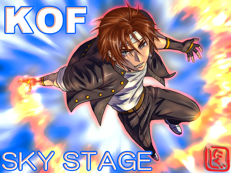 1boy blue_sky brown_eyes brown_hair denim fingerless_gloves fire flying gloves headband jacket jeans kof_sky_stage kusanagi_kyou male_focus nikuji-kun open_clothes open_jacket pants sky snk solo the_king_of_fighters