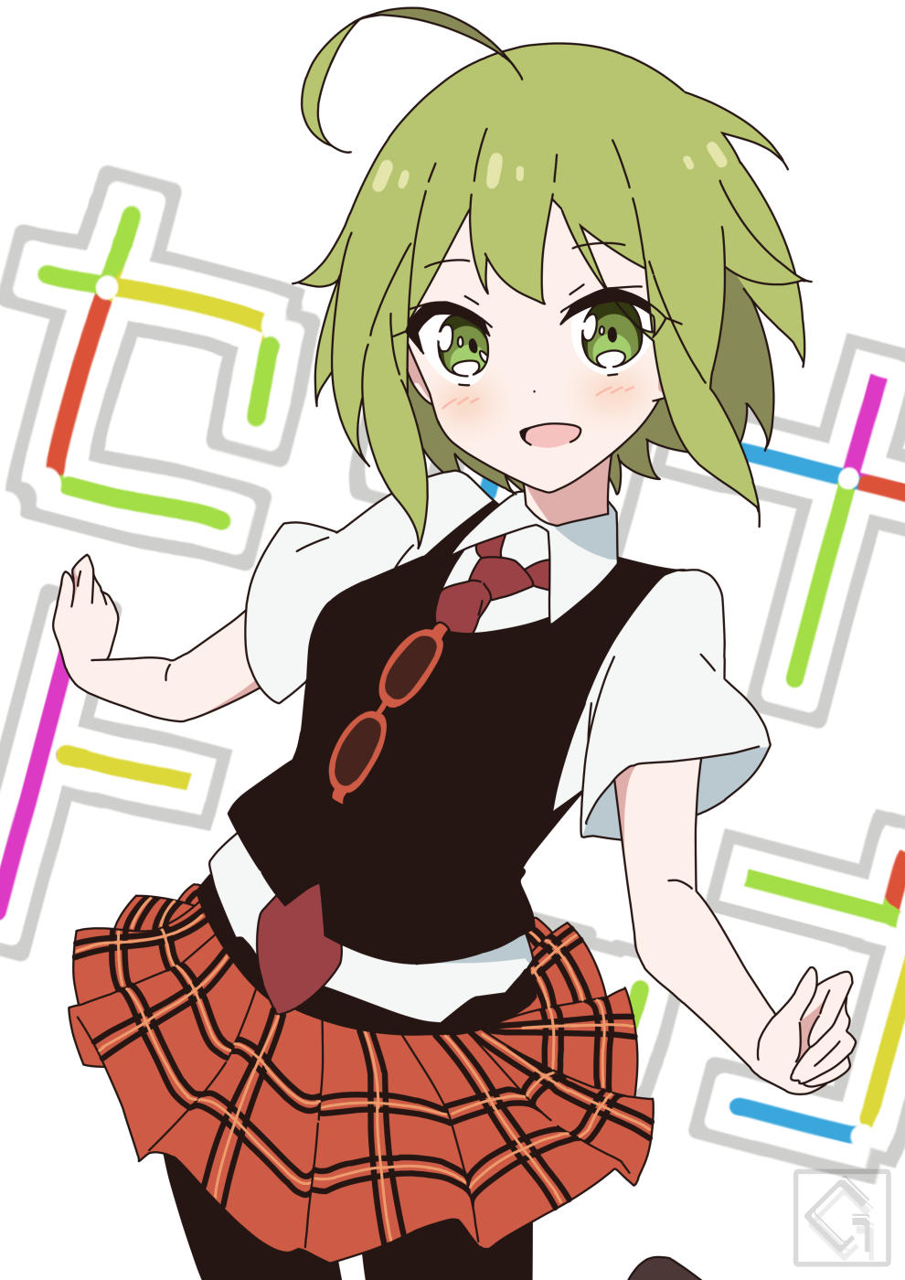 1girl ahoge artist_logo black_vest commentary cowboy_shot eyewear_hang giryu green_eyes green_hair gumi highres leg_up light_blush logo miniskirt necktie open_mouth pantyhose plaid_clothes plaid_skirt pleated_skirt red-framed_eyewear red_necktie red_skirt setsuna_trip_(vocaloid) shirt short_sleeves skirt smile solo song_name unworn_eyewear vest vocaloid white_background white_shirt