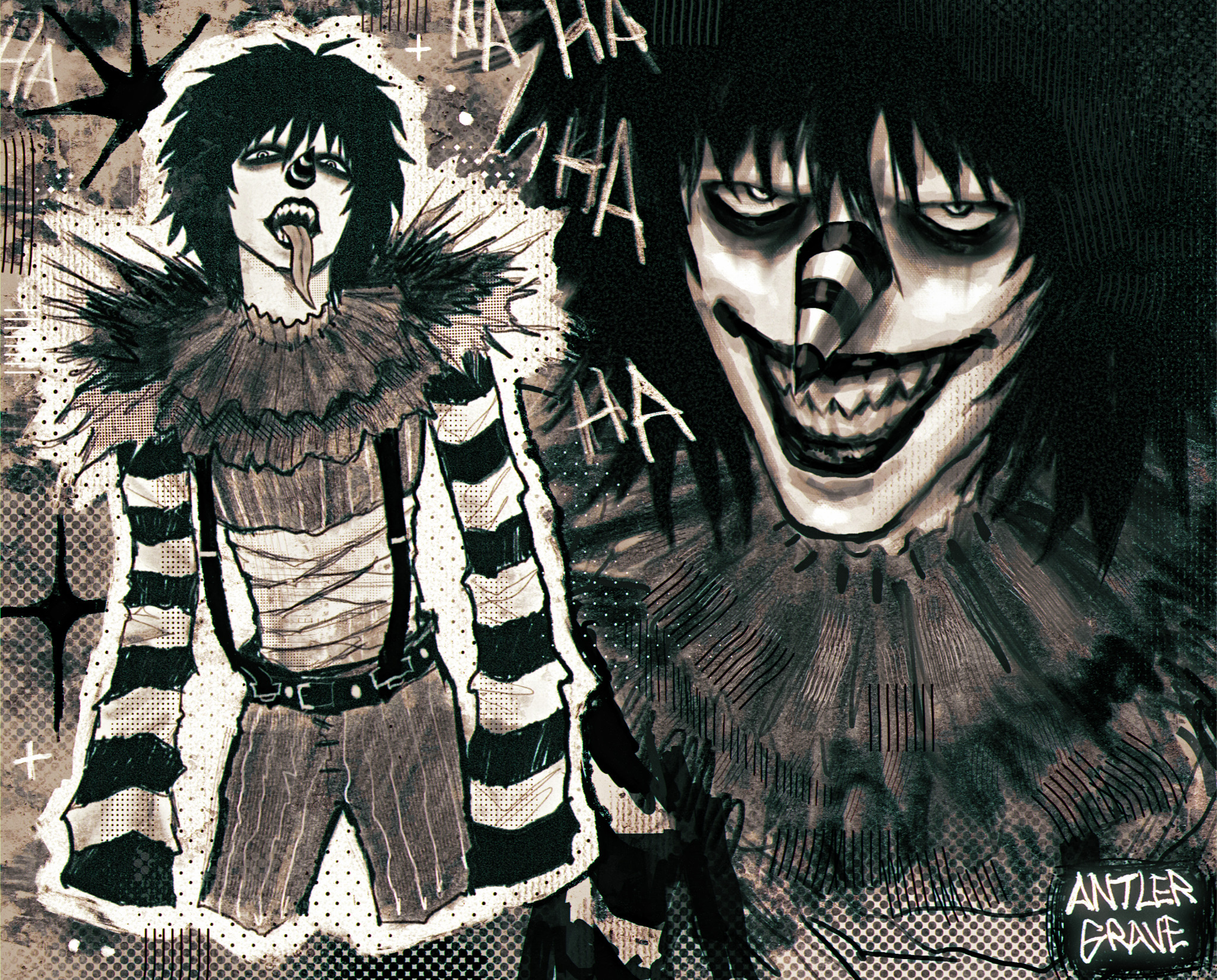 1boy antlergrave artist_name bags_under_eyes bandaged_torso belt creepypasta cropped_legs grey_background grin hair_between_eyes halftone highres laughing laughing_jack looking_at_viewer male_focus medium_hair messy_hair monochrome multiple_views neck_ruff outline pants pointy_nose sharp_teeth simple_background smile sparkle striped_clothes striped_pants suspenders teeth tongue tongue_out upper_body vertical-striped_clothes vertical-striped_pants