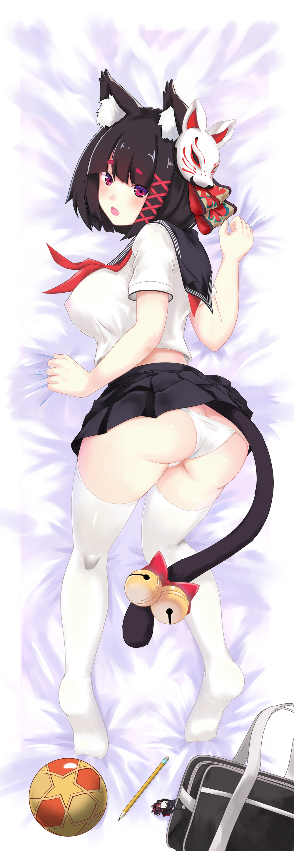 1girl absurdres amanogami_dai animal_ear_fluff animal_ears ass azur_lane bag bell black_hair black_sailor_collar black_skirt blush breasts cat_ears cat_tail commentary_request covered_erect_nipples dakimakura_(medium) female_focus from_above from_behind fusou_(azur_lane) highres jingle_bell large_breasts looking_at_viewer looking_back mask mask_on_head neckerchief open_mouth panties pleated_skirt red_neckerchief sailor_collar school_bag school_uniform serafuku shiny_skin shirt short_hair short_sleeves skirt solo tail tail_bell tail_ornament thighhighs thighs underwear white_panties white_shirt white_thighhighs yamashiro_(azur_lane) yamashiro_(street_corner_offensive!)_(azur_lane)