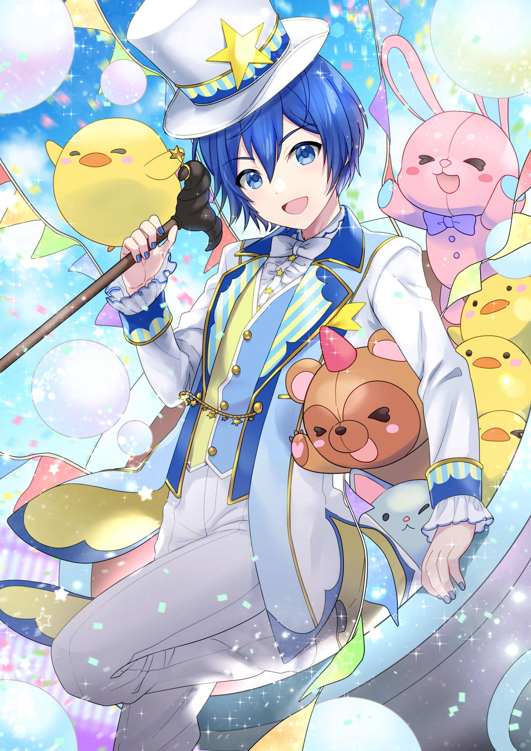 1boy absurdres arm_support arm_up baby_animal balloon bird blue_eyes blue_hair blue_nails bow bowtie buttons cane cat chick circus circus_tent collared_jacket confetti feet_out_of_frame formal_clothes frilled_wrist_cuffs frills hair_between_eyes hat highres jacket kaito_(vocaloid) kikuchi_mataha knee_up lapel_chain lapels long_sleeves looking_at_viewer male_focus multicolored_clothes nail_polish open_mouth pants party_hat project_sekai purple_bow purple_bowtie rabbit short_hair solo standing standing_on_one_leg star_(symbol) string_of_flags stuffed_animal stuffed_toy suit suit_jacket teddy_bear top_hat vest white_bow white_bowtie white_hat white_pants white_suit wonderlands_x_showtime_kaito wrist_cuffs