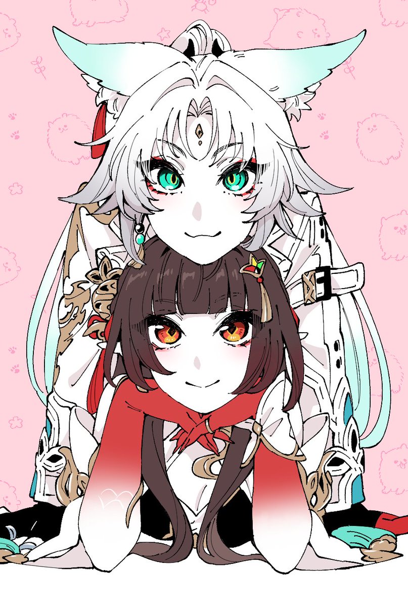 2girls :3 animal_ears aqua_eyes ayunyan_pere blunt_bangs brown_hair chin_rest closed_mouth colored_skin diamond-shaped_pupils diamond_(shape) dragon_girl elbows_on_table eyeshadow feixiao_(honkai:_star_rail) forehead_jewel fox_ears fox_girl hands_on_own_chin head_on_head head_rest honkai:_star_rail honkai_(series) jacket lingsha_(honkai:_star_rail) long_hair looking_ahead looking_at_viewer makeup medium_hair multicolored_eyes multiple_girls orange_eyes pink_background red_eyes red_eyeshadow ringed_eyes scales smile spiked_hair symbol-shaped_pupils white_hair white_jacket white_skin