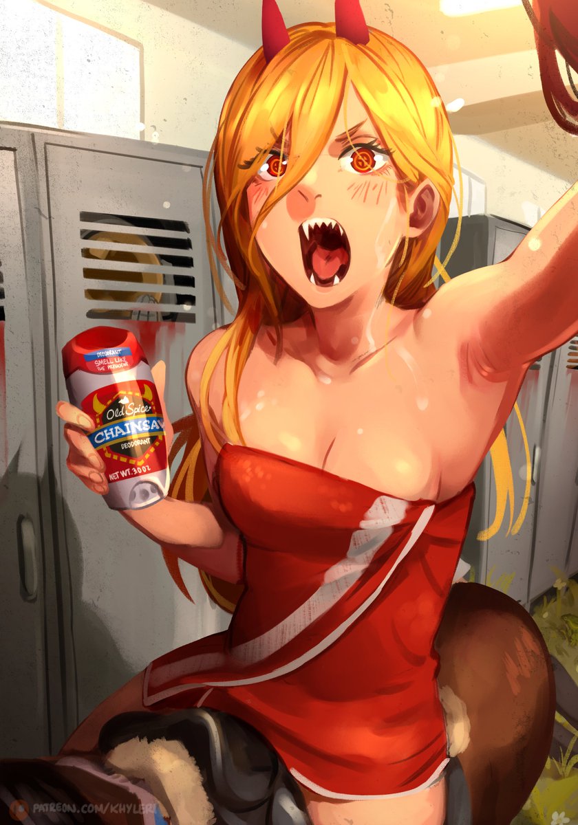 1girl arm_up armpits astronaut bare_shoulders blonde_hair blush breasts chainsaw_man cleavage collarbone commentary cowboy_shot cross-shaped_pupils english_commentary fisheye grass hand_up highres horns horse horseback_riding in_locker indoors khyle. locker locker_room long_hair looking_at_viewer medium_breasts old_spice open_mouth parody patreon_username power_(chainsaw_man) red_eyes red_horns riding sharp_teeth solo_focus straight_hair symbol-shaped_pupils teeth towel