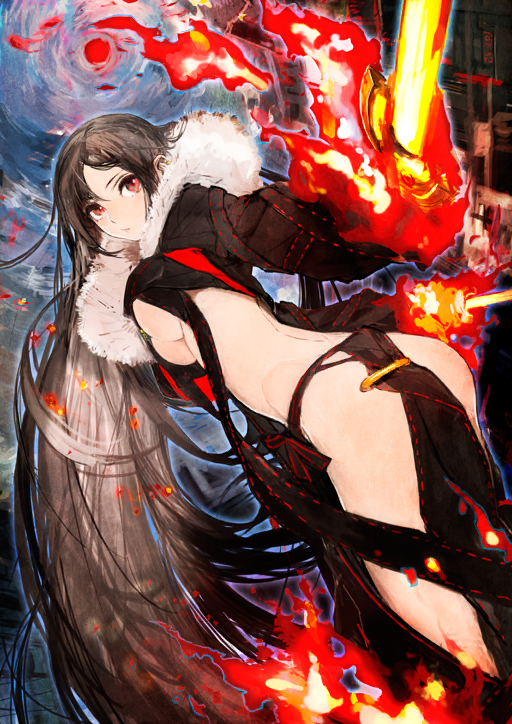 ass black_dress black_jacket breasts brown_hair cleavage clothing_cutout dress dual_wielding dutch_angle embers fate/grand_order fate_(series) feet_out_of_frame flaming_weapon floating_hair fur-trimmed_jacket fur_trim game_cg head_tilt holding holding_sword holding_weapon jacket long_hair long_sleeves looking_at_viewer median_furrow medium_breasts narrow_waist official_art open_clothes open_jacket parted_bangs red_eyes revealing_clothes sideless_dress sidelocks sword third-party_source toi8 twisted_torso underboob very_long_hair weapon yu_mei-ren_(fate) yu_mei-ren_(third_ascension)_(fate)
