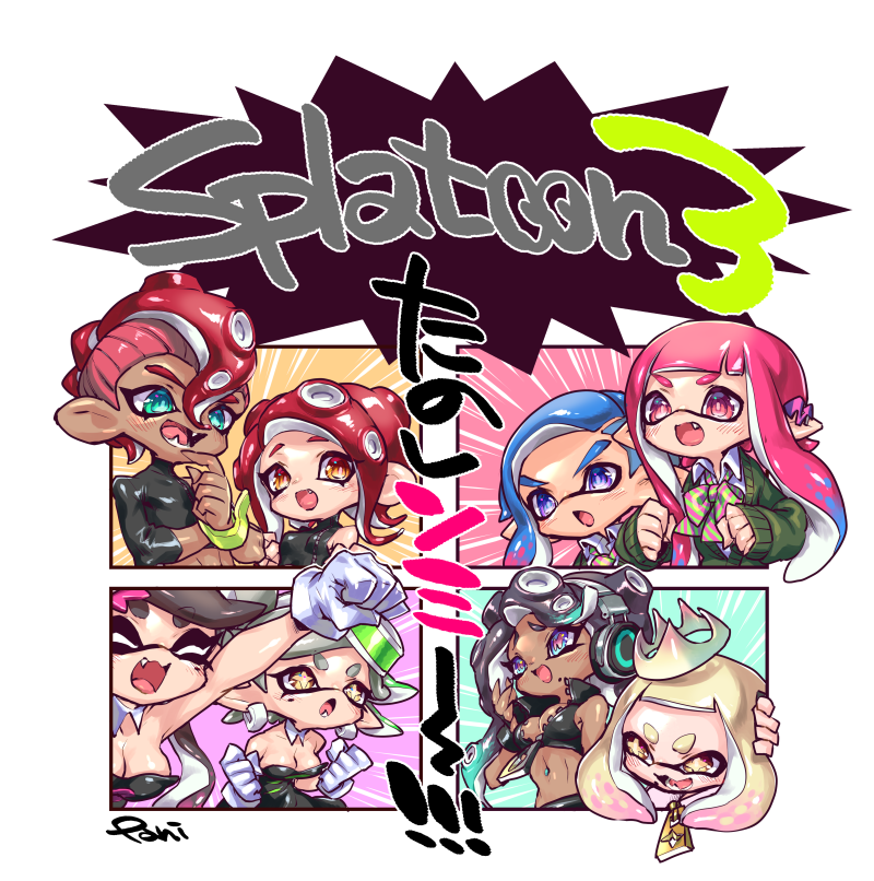 2boys 6+girls agent_8_(splatoon) artist_name asymmetrical_bangs bare_shoulders black_dress black_gloves black_hair black_jumpsuit black_shirt blonde_hair blue_eyes blue_hair bow bowtie breasts callie_(splatoon) callie_(squid_sisters_outfit)_(splatoon) cardigan cephalopod_eyes cleavage clenched_hands closed_eyes collar collared_shirt commentary_request copyright_name crop_top cross-shaped_pupils crown dark-skinned_female dark-skinned_male dark_skin detached_collar dress earrings fangs fingerless_gloves furrowed_brow gloves green_bow green_bowtie green_cardigan green_hair green_necktie grey_hair hair_between_eyes hand_on_own_chin headphones horizontal_pupils inkling inkling_boy inkling_girl inkling_player_character jewelry jumpsuit long_hair marie_(splatoon) marie_(squid_sisters_outfit)_(splatoon) marina_(off_the_hook_outfit)_(splatoon) marina_(splatoon) medium_hair midriff mole mole_under_eye mole_under_mouth multicolored_hair multiple_boys multiple_girls navel_piercing necktie nintendo octoling open_mouth outstretched_arm pani_spla parted_bangs pearl_(off_the_hook_outfit)_(splatoon) pearl_(splatoon) piercing pink_bow pink_bowtie pink_eyes pink_hair pink_necktie pink_pupils pointy_ears purple_eyes purple_hair raised_fist red_eyes red_hair shirt short_hair short_jumpsuit single_sleeve smile splatoon_(series) splatoon_3 strapless strapless_dress striped_bow striped_bowtie striped_clothes striped_necktie symbol-shaped_pupils tentacle_hair tilted_headwear translation_request twintails two-tone_hair v-shaped_eyebrows white_collar white_crown white_gloves white_shirt wristband yellow_eyes zipper zipper_pull_tab