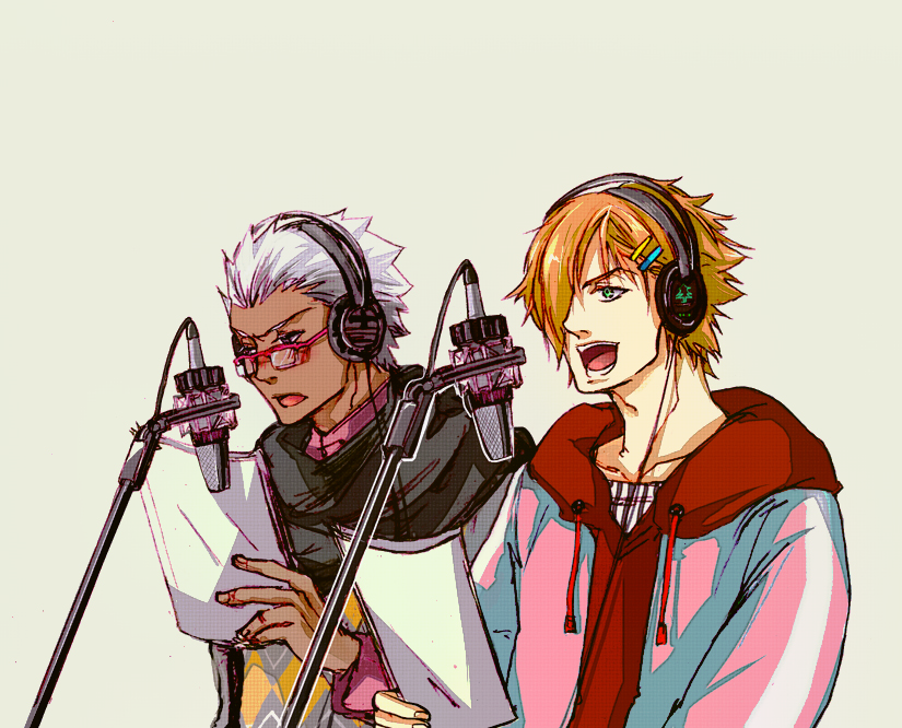 10s 2boys archer_(fate) casual crimo dark_skin dark-skinned_male fate/extra fate/stay_night fate_(series) hair_ornament hair_over_one_eye hairclip headphones hood hoodie microphone multiple_boys orange_hair recording_studio robin_hood_(fate) scarf script studio_microphone white_hair