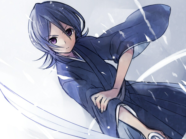 1girl asahikawa_hiyori black_hair black_kimono bleach closed_mouth commentary_request hair_between_eyes hand_on_own_arm holding holding_sword holding_weapon japanese_clothes kimono kuchiki_rukia looking_at_viewer purple_eyes short_hair sode_no_shirayuki_(shikai) solo sword weapon wide_sleeves