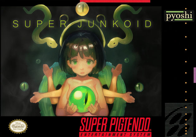 1girl artist_name black_hair brand_name_imitation breasts commentary completely_nude cover disembodied_eye english_commentary extra_arms fake_cover game_console green_eyes green_wings halo holding_eyeball junko_(p.yoshi) light_blush looking_at_viewer navel non-web_source nude original p.yoshi petite short_hair slit_pupils small_breasts snake solo super_nintendo upper_body variant_set video_game_cover wings