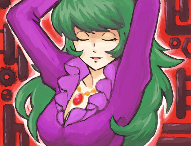 1girl armpits breasts closed_eyes cyborg cyborg_009 dress green_hair jewelry long_hair looking_at_viewer madame_(cyborg_009) necklace norakura-promenade open_mouth purple_dress red_background smile solo upper_body