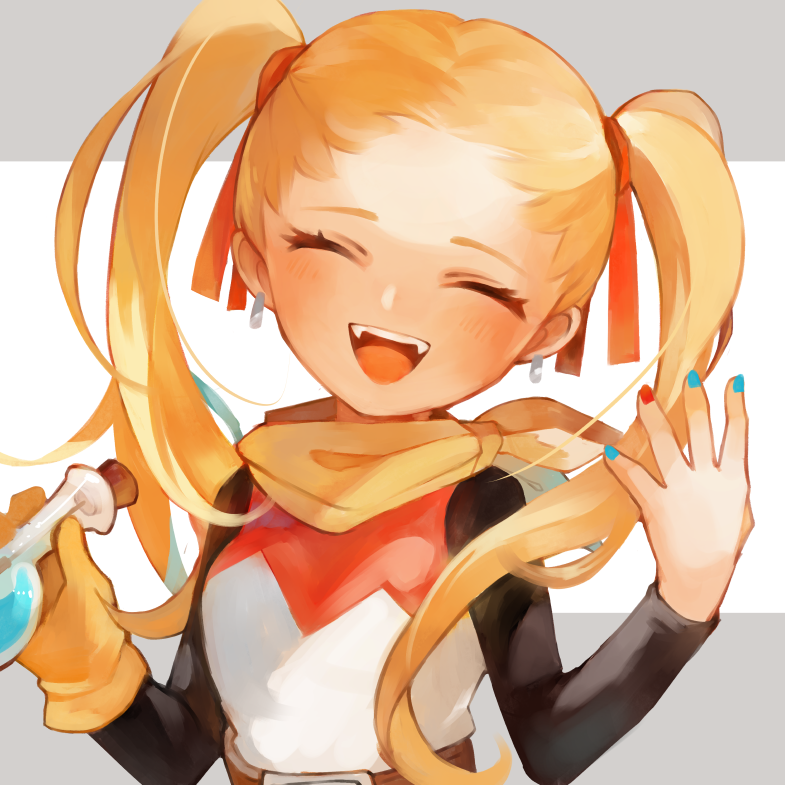 1girl belt black_sleeves blonde_hair blue_nails border bottle brown_belt closed_eyes dragon_quest dragon_quest_builders_2 dress earrings fangs female_builder_(dqb2) gloves grey_border hair_pulled_back hair_ribbon head_tilt holding holding_bottle hoop_earrings hotaro_(bread_fusa) jewelry multicolored_nails nail_polish neckerchief open_mouth red_dress red_nails red_ribbon ribbon silver_earrings single_glove solo twintails two-tone_dress upper_body white_background white_dress yellow_gloves yellow_neckerchief
