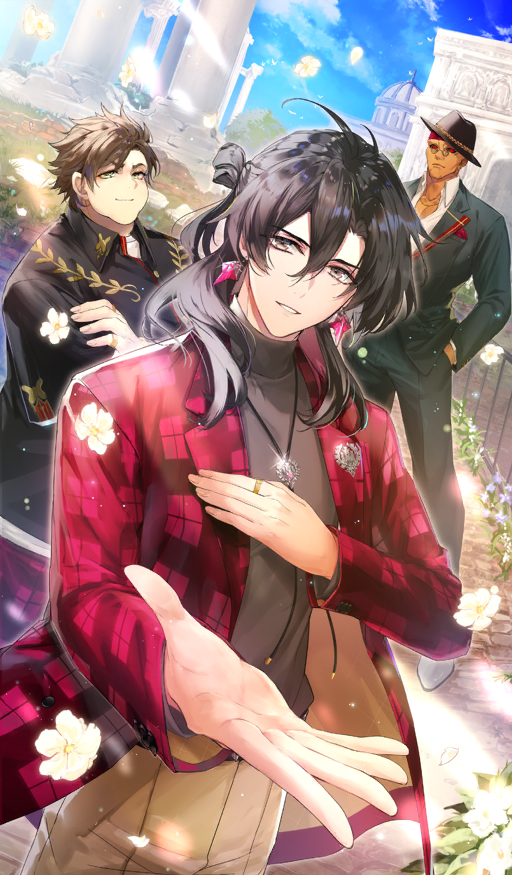 3boys architecture black_hat black_jacket black_pants black_sclera black_suit blue_sky bolo_tie brooch brown_hair brown_pants caligula_(fate) chaldea_boys_collection chaldea_juukou_monogatari closed_mouth cloud coat colored_sclera commentary constantine_xi_(eternal_roma)_(fate) constantine_xi_(fate) crossed_arms dark-skinned_male dark_skin double-parted_hair dress_pants dress_shirt dutch_angle earrings fat fat_man fate/grand_order fate_(series) fedora flower flower_request formal_clothes gaius_julius_caesar_(fate) glasses glint green_eyes grey_eyes grey_shirt hair_between_eyes hand_in_pocket hand_on_own_chest hat headscarf jacket jewelry lapels legs_apart long_hair long_sleeves looking_at_viewer male_focus matori_(penguin_batake) mini_eyewear multiple_boys multiple_rings necklace no_eyebrows notched_lapels offering_hand official_alternate_costume official_art open_clothes open_coat outdoors pants parted_lips partially_unbuttoned pectoral_cleavage pectorals pince-nez plaid_clothes plaid_coat red_coat red_eyes red_headscarf ring round_eyewear shirt short_hair sky smile solo_focus suit suit_jacket third-party_source tilted_headwear toned toned_male turtleneck turtleneck_shirt two-sided_coat two-sided_fabric white_flower white_shirt wind wing_collar