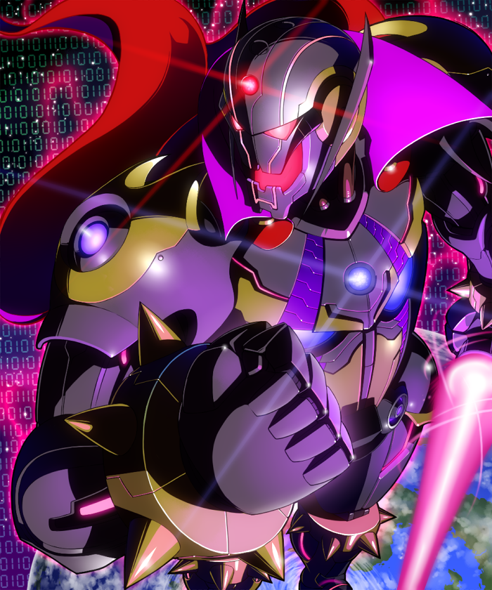 blue_eyes capcom cape energy_sword flying gradient_background high_collar lightsaber marvel marvel_vs._capcom marvel_vs._capcom_infinite mecha mega_man_(series) mega_man_x_(series) napo red_eyes robot sigma_(mega_man) solo sword ultron ultron_sigma weapon