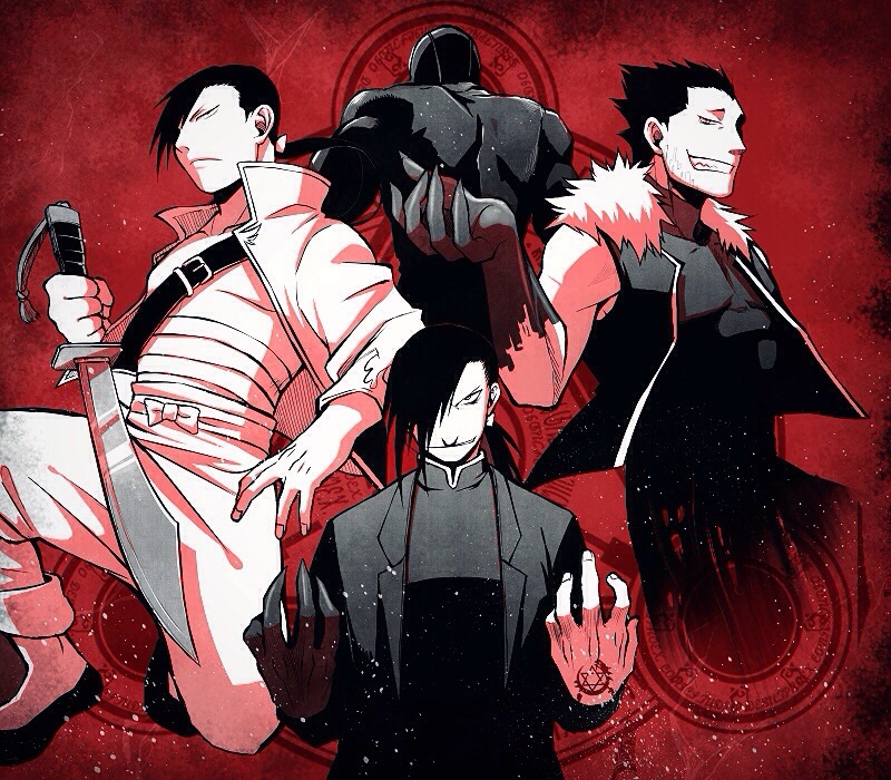 4boys bandaged_torso black_coat black_hair claws clenched_teeth coat commentary_request evil_grin evil_smile fullmetal_alchemist fur-trimmed_vest fur_trim greed_(fma) grin holding holding_sword holding_weapon jacket kaimu2578 ling_yao male_focus medium_hair multiple_boys open_clothes open_jacket ouroboros_tattoo ponytail red_background short_hair smile spiked_hair sword teeth vest weapon