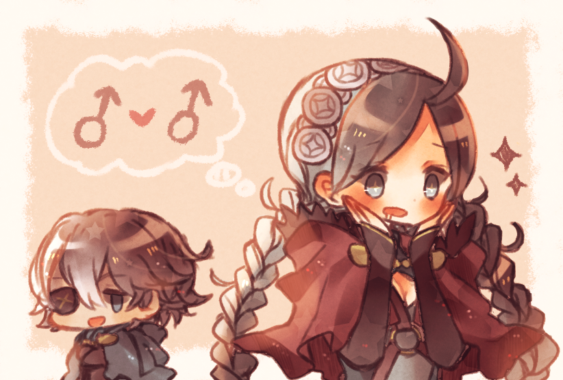 1boy 1girl ahoge braid capelet drooling eyepatch fire_emblem fire_emblem_fates fujoshi hairband hood hood_down hooded_capelet low_twin_braids low_twintails mars_symbol niles_(fire_emblem) nina_(fire_emblem) nintendo parted_bangs red_capelet spoken_mars_symbol toskogahazan twin_braids twintails white_hairband