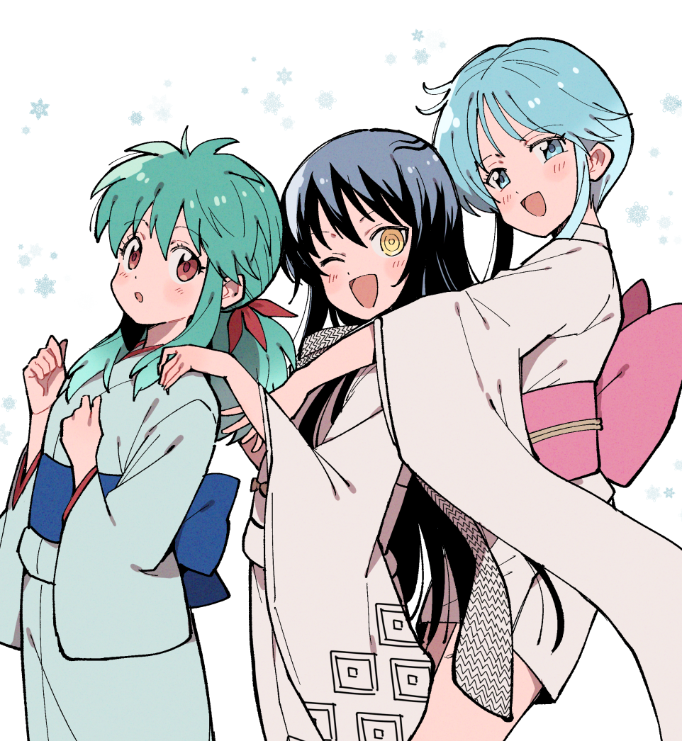 3girls ai_nige aqua_hair black_hair blue_eyes blush japanese_clothes jigoku_sensei_nube kimono long_hair long_sleeves looking_at_viewer low_ponytail multiple_girls nurarihyon_no_mago obi one_eye_closed ponytail red_eyes ringed_eyes sash scarf short_hair_with_long_locks sidelocks snowflakes standing trait_connection yellow_eyes yukata yuki_onna yuki_onna_(nurarihyon_no_mago) yukime_(jigoku_sensei_nube) yukina_(yu_yu_hakusho) yuu_yuu_hakusho