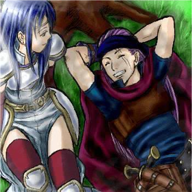 arm_behind_head armor arms_behind_head blue_eyes blue_hair cape cloak closed_eyes couple elbow_gloves fire_emblem fire_emblem:_the_blazing_blade gloves grass happy headband isadora_(fire_emblem) knife knight legault_(fire_emblem) long_hair lying nintendo on_back purple_hair scar single_glove sitting smile sunlight thighhighs tree weapon