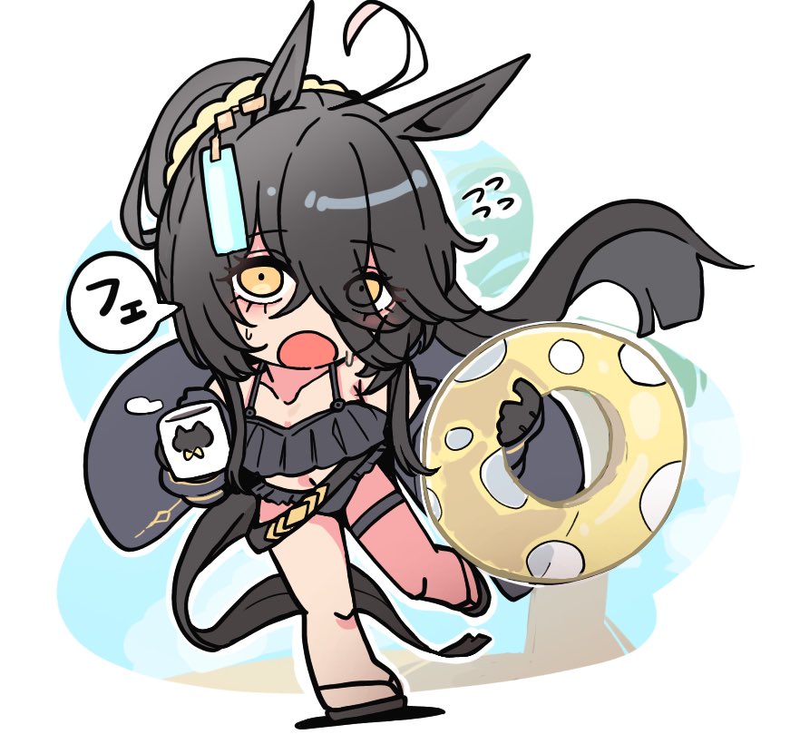 1girl :o ahoge animal_ears bikini bikini_under_clothes black_bikini black_gloves black_hair black_jacket black_sandals chibi collarbone commentary_request cup eyes_visible_through_hair flying_sweatdrops frilled_bikini frills full_body gloves hair_over_one_eye holding holding_swim_ring horse_ears horse_girl horse_tail innertube jacket kawamochi_(kawauti919) long_hair looking_at_viewer manhattan_cafe_(umamusume) mug multicolored_hair navel off_shoulder open_clothes open_jacket open_mouth ponytail sandals solo sweat swim_ring swimsuit tail translation_request two-tone_hair umamusume very_long_hair white_hair yellow_eyes
