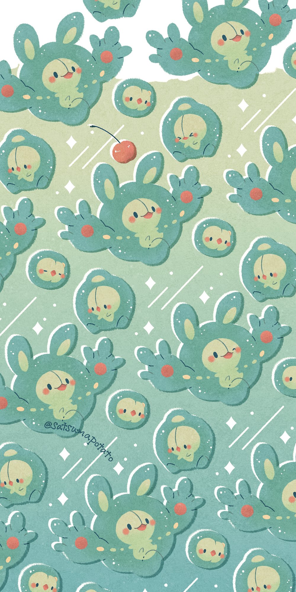 &gt;_&lt; :3 :o animal_focus arms_up artist_name blush cell cherry closed_eyes commentary_request diagonal_stripes diamond_mouth duosion evolutionary_line food fruit full_body gen_5_pokemon gradient_background green_theme happy highres looking_down looking_up nintendo no_humans one_eye_closed open_mouth out_of_frame outline patterned pokemon pokemon_(creature) reuniclus satsumapotato smile solid_oval_eyes solosis sparkle striped translucent twitter_username white_outline