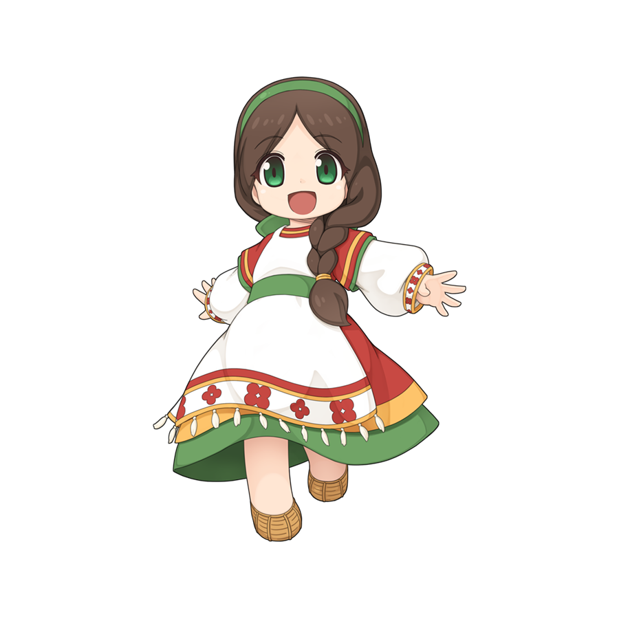 1girl :d apron braid brown_hair chibi chibi_only dress full_body green_eyes green_hairband hair_over_shoulder hairband layered_sleeves long_sleeves looking_at_viewer official_art open_mouth outstretched_arms ragnarok_online red_dress short_over_long_sleeves short_sleeves simple_background single_braid smile solfe_(ragnarok_online) solo spread_arms transparent_background white_apron yuichirou