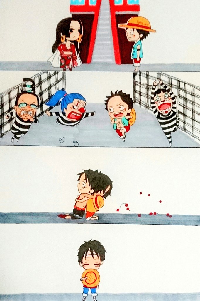 1girl 5boys aqua_shirt arms_up beard_stubble black_hair blue_hair blue_shorts boa_hancock bon_clay buggy_the_clown cape chibi crop_top facepaint facial_hair galdino glasses hat holding holding_unworn_clothes holding_unworn_hat hug jewelry makeup monkey_d._luffy multiple_boys necklace one_piece orange_shirt pearl_necklace ponytail portgas_d._ace pupil308 red_nose red_shirt running scar scar_on_face shirt shorts straw_hat striped_clothes stubble topless_male unworn_hat unworn_headwear white_cape