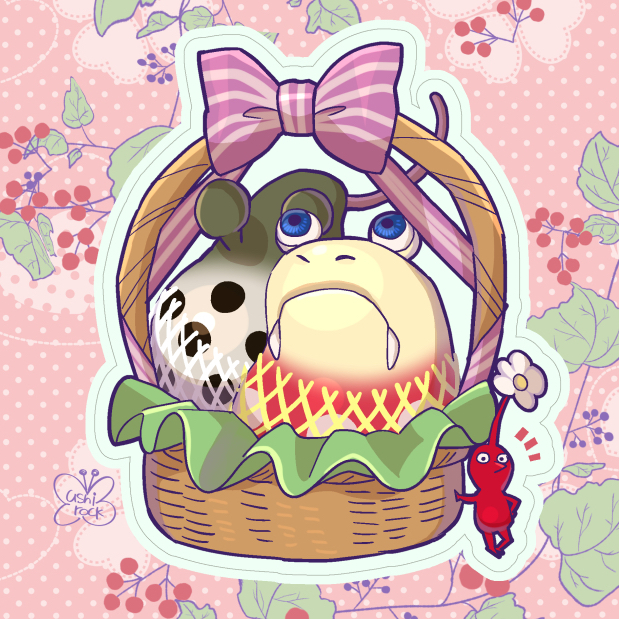 artist_name basket berry black_eyes blue_eyes bow bulborb colored_skin creature creature_focus dokumushi-rock dotted_line fangs fangs_out flower from_behind hand_on_own_hip heart leaf long_tongue looking_at_viewer nintendo no_humans nostrils notice_lines outline pikmin_(creature) pikmin_(series) pink_background pink_bow pointy_nose polka_dot polka_dot_background red_pikmin red_skin striped_bow tongue water whiptongue_bulborb white_flower white_outline