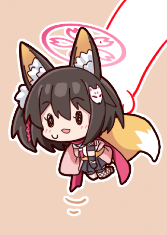 1girl 1other animal_ear_fluff animal_ears black_eyes black_skirt blue_archive blush brown_hair chibi chibi_only commentary fox_ears fox_girl fox_hair_ornament fox_tail full_body hair_between_eyes halo holding_chibi izuna_(blue_archive) japanese_clothes kimono light_blush long_scarf looking_at_viewer medium_hair miniskirt needle_(574187457) ninja o_o one_side_up open_mouth orange_background outline pink_halo pink_kimono pink_scarf scarf school_uniform shirt simple_background skirt smile solo_focus tail white_outline white_shirt