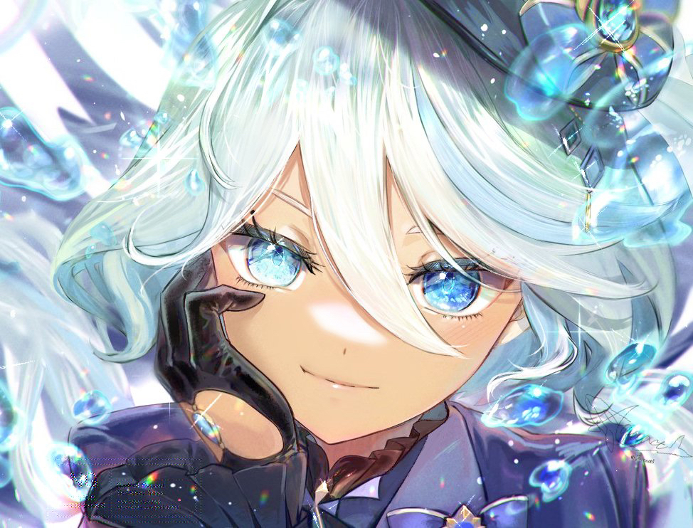 1girl aquact black_gloves blue_bow blue_eyes blue_gemstone blue_hair bow close-up closed_mouth commentary_request furina_(genshin_impact) gem genshin_impact gloves hand_on_own_face heterochromia looking_at_viewer multicolored_hair smile solo sparkling_eyes two-tone_hair water_drop white_hair