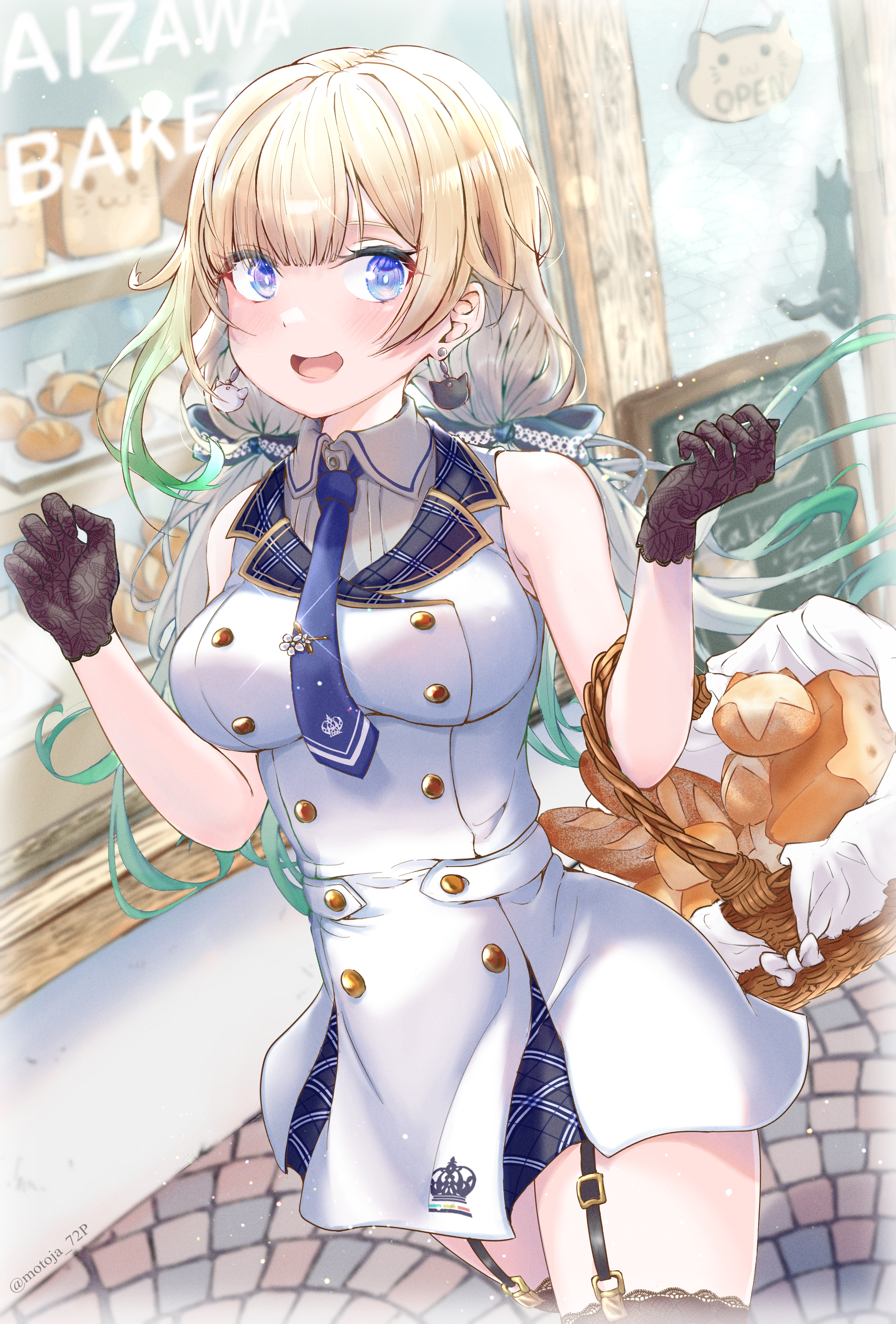 1girl :d absurdres aizawa_ema aizawa_ema_(2nd_costume) artist_name basket black_gloves blonde_hair blue_bow blue_eyes blue_necktie blunt_bangs bow bread breasts cat_earrings character_name collared_dress commentary_request cowboy_shot dress dutch_angle earrings floating_hair food garter_straps gloves gradient_hair green_hair hair_bow hands_up highres jewelry long_hair looking_to_the_side medium_breasts motoja_72p multicolored_hair necktie open_mouth sidelocks sideways_glance sleeveless sleeveless_dress smile solo thighhighs twitter_username virtual_youtuber vspo! white_dress