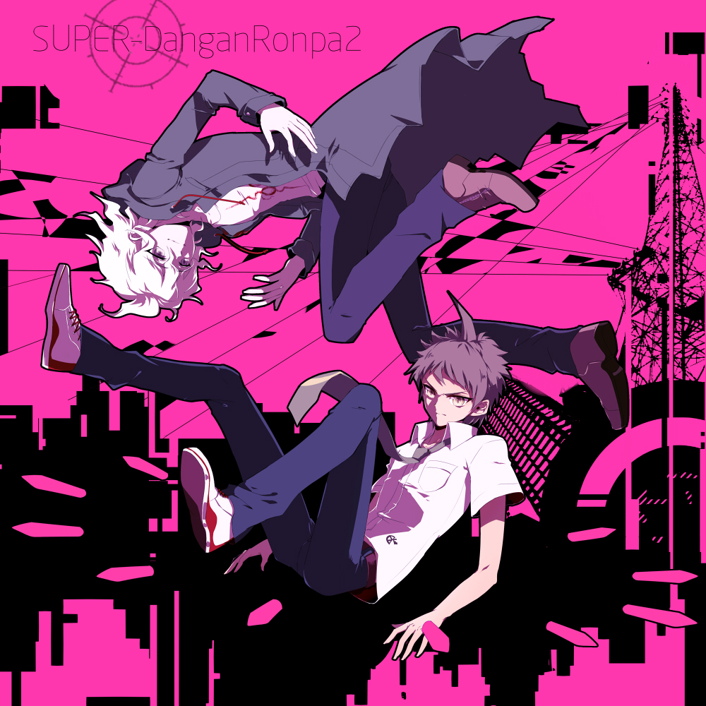 2boys ahoge blue_pants brown_eyes brown_hair brown_necktie brown_shoes building bullet copyright_name danganronpa_(series) danganronpa_2:_goodbye_despair dress_shirt facing_another grey_eyes grey_jacket high_contrast hinata_hajime jacket komaeda_nagito liusang looking_at_viewer looking_to_the_side loose_necktie male_focus midair multiple_boys necktie open_clothes open_jacket oversized_jacket pants pink_background shell_casing shirt shoes utility_pole wallet_chain wavy_hair white_hair white_shirt white_shoes
