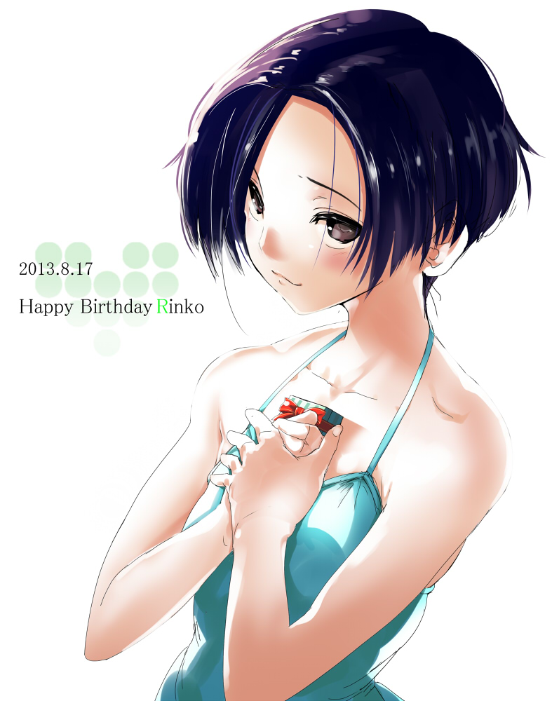 1girl bad_id bad_pixiv_id bare_shoulders black_hair blush brown_eyes female_focus gift hands_on_own_chest hands_up happy_birthday kobayakawa_rinko love_plus makokujira short_hair solo