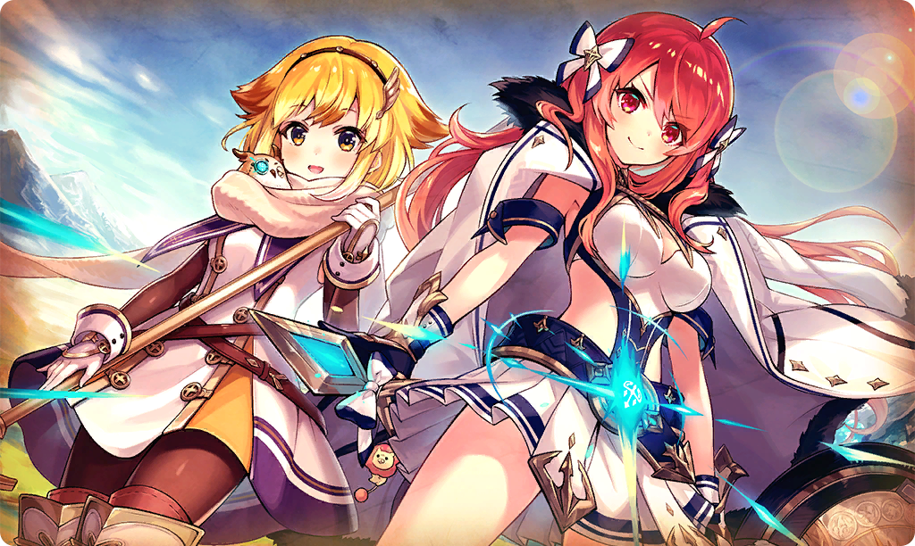 2girls :d ahoge bird blonde_hair blue_sky bow brown_pantyhose closed_mouth clothing_cutout coat coat_on_shoulders commentary cowboy_shot day dress floating_hair gloves hair_between_eyes hair_bow hairband hand_up hercule_(phantom_of_the_kill) holding holding_polearm holding_weapon long_hair looking_at_viewer minerva_(phantom_of_the_kill) miniskirt mountain multiple_girls official_art open_mouth outdoors owl pantyhose phantom_of_the_kill pleated_skirt polearm red_hair sidelocks skirt sky sleeveless sleeveless_dress smile spear standing ta_ga_tame_no_alchemist third-party_source two-handed v-shaped_eyebrows weapon white_bow white_coat white_dress white_gloves white_skirt winged_hairband yellow_eyes