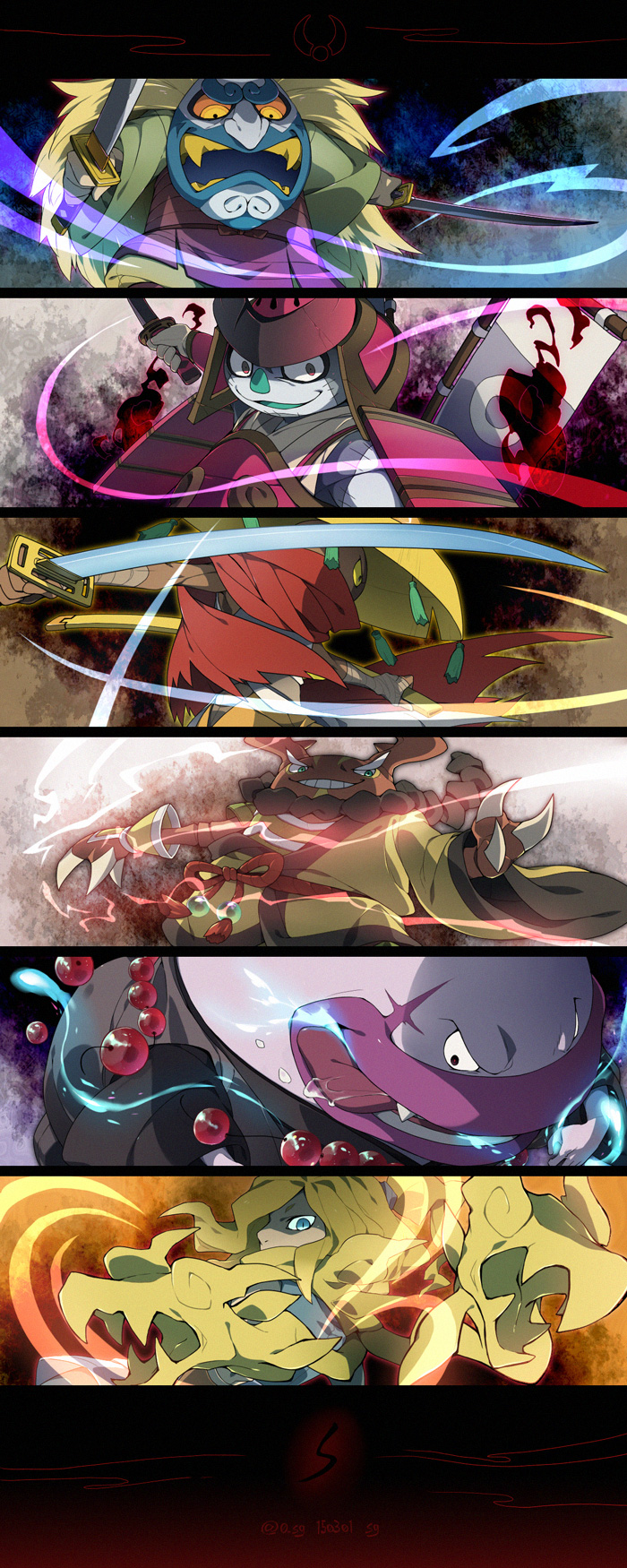 10s armor artist_name bandages banner blonde_hair blue_eyes dark_skin dated dual_wielding helmet highres hikariorochi holding inochitori japanese_armor kabuto_(helmet) katana kusanagi_(youkai_watch) long_hair mask monster_boy namahage_(youkai_watch) ookuwanokami open_mouth sandogasa sashimono sg_(suuchan) sheath shoulder_armor sode stag_beetle sword twitter_username weapon yomi_gensui traditional_youkai youkai_watch