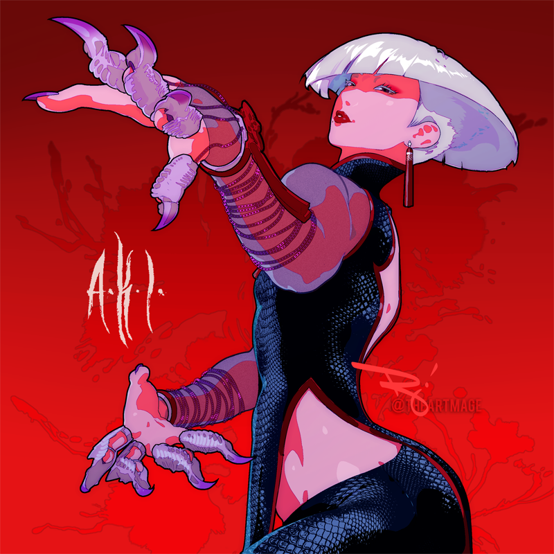 1girl a.k.i._(street_fighter) claws earrings fighting_stance fingernails jewelry lips red_background sharp_fingernails street_fighter street_fighter_6 tagme the_art_mage white_hair
