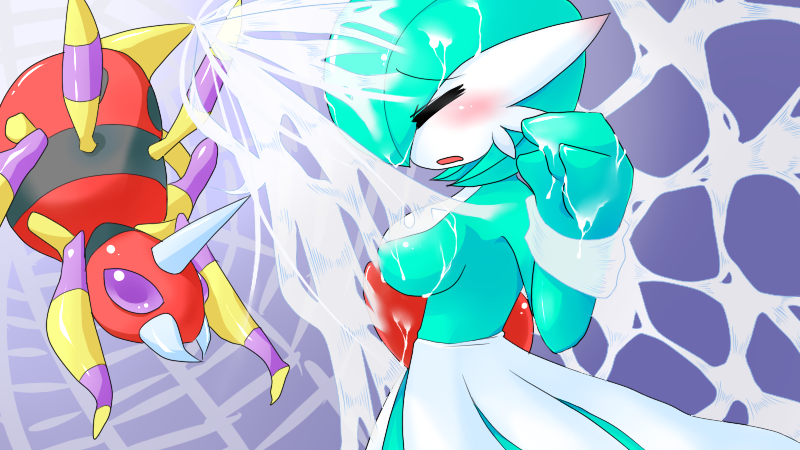 1girl ariados blush bob_cut breasts bug closed_eyes colored_skin dress from_side gardevoir gen_2_pokemon gen_3_pokemon green_hair green_skin multicolored_skin nintendo pokemon pokemon_(creature) purple_eyes restrained silk spider_web tanpopo_hayabusa-maru two-tone_skin white_dress white_skin