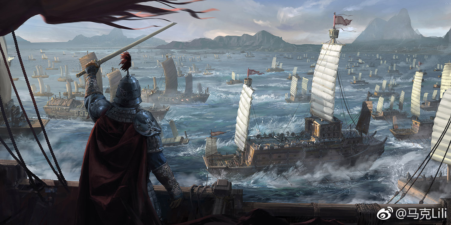 1boy arm_up armor blue_sky boat cape chinese_armor chinese_commentary cloud cloudy_sky commentary_request cowboy_shot day full_armor helm helmet holding holding_sword holding_weapon mark_lili mountainous_horizon original outdoors realistic red_cape sailboat scenery sky solo standing sword war watercraft watermark waves weapon weibo_watermark