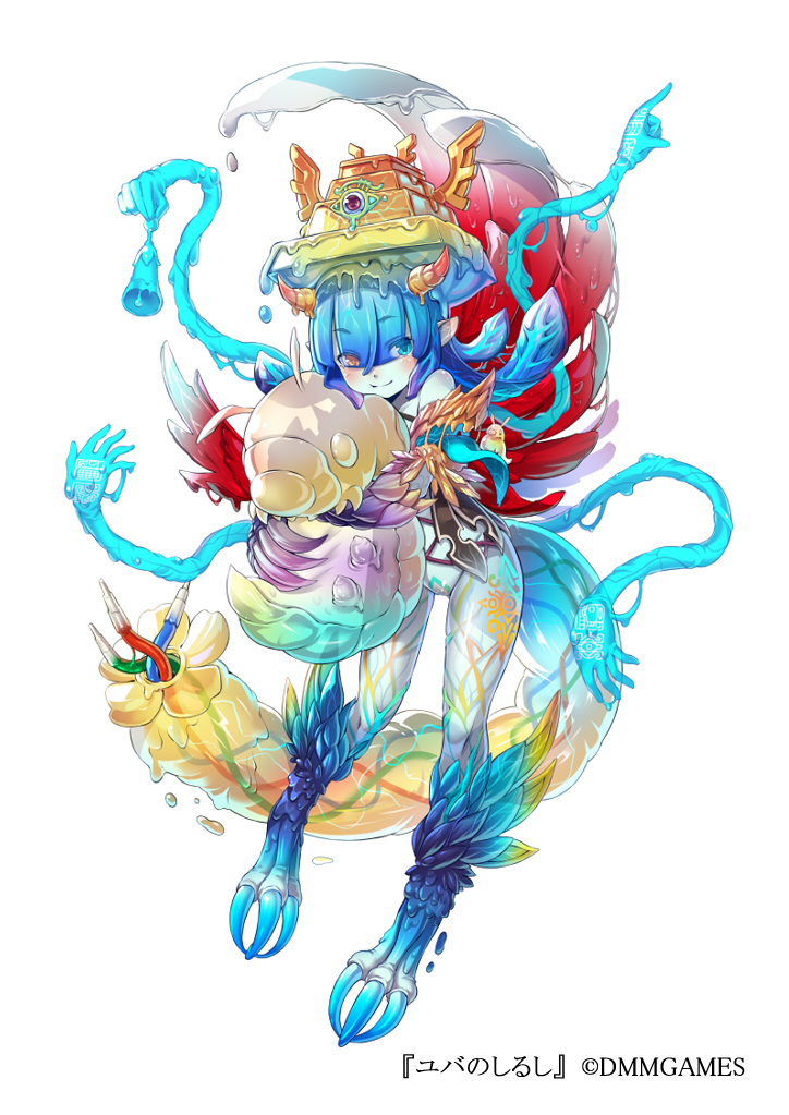 1girl bell blue_eyes blue_hair blue_skin blush brown_eyes claws colored_skin dmm female_focus full_body gem hair_over_eyes headpiece heterochromia horns hug larva mataichi_mataro monster_girl official_art see-through_clothes simple_background smile solo tagme tattoo white_background yuba_no_shirushi