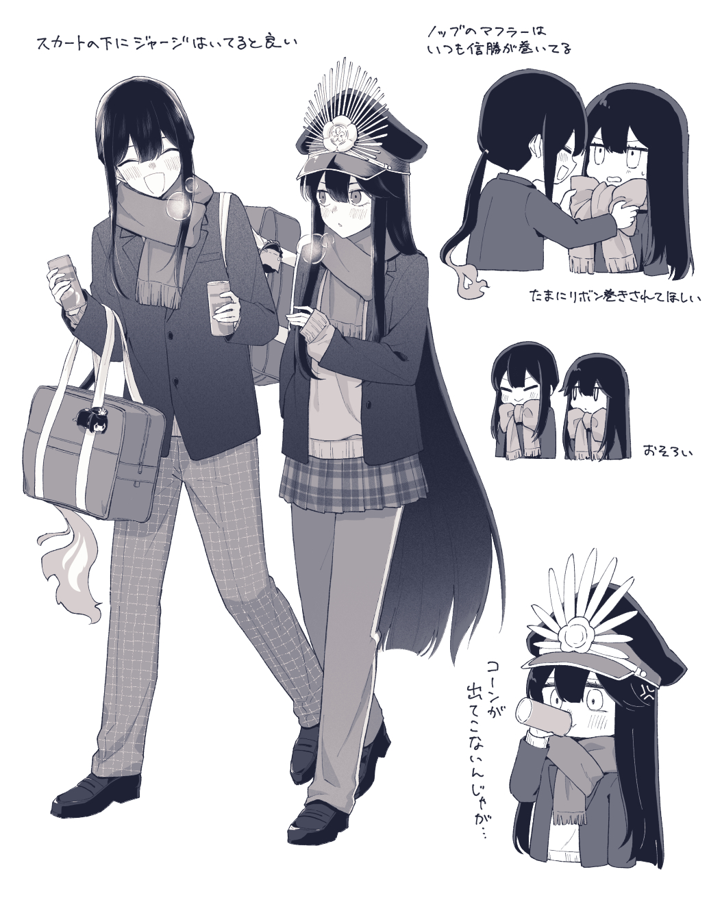 1boy 1girl :&gt; :d adjusting_another&#039;s_clothes anger_vein backpack bag blazer blunt_ends blush bow breath brother_and_sister can canned_coffee center-flap_bangs character_doll chibi closed_eyes closed_mouth contemporary doll dot_mouth drink_can drinking fate/grand_order fate_(series) fiery_hair full_body happy highres holding holding_can jacket jitome keikenchi_(style) loafers long_hair long_sleeves looking_at_another low_ponytail miniskirt monochrome multiple_views oda_nobukatsu_(fate) oda_nobunaga_(fate) oda_nobunaga_(koha-ace) open_mouth pants pants_under_skirt plaid_clothes plaid_pants plaid_skirt pleated_skirt ponytail raised_eyebrows scarf scarf_bow school_bag school_uniform shoes shoulder_bag siblings sidelocks simple_background skirt sleeves_past_wrists smile sweatdrop sweater_under_jacket track_pants v-shaped_eyebrows very_long_hair walking wavy_mouth white_background winter_clothes winter_uniform yzrh0